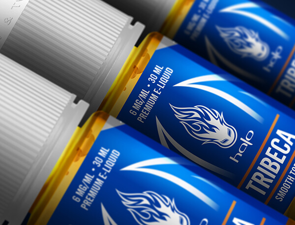 Consistency Extreme Close-up of Halo Vape Juice Lined Up on Production Line