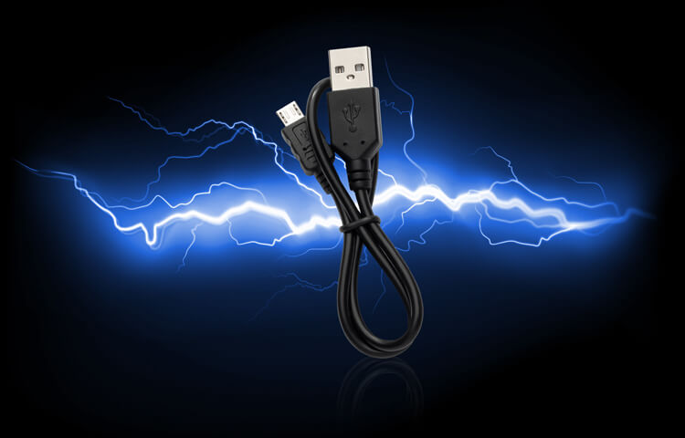 Micro USB Cable with Blue Electric Bolts Background