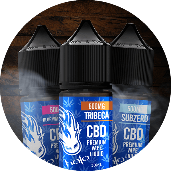 CBD Vapables Three Halo CBD Bottles Surrounded by Vapor