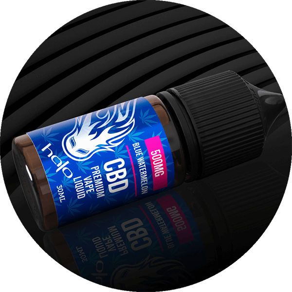 Halo CBD Vape Juice Halo CBD Vape Juice 30ml Bottle Sideways on Wavy Black Background