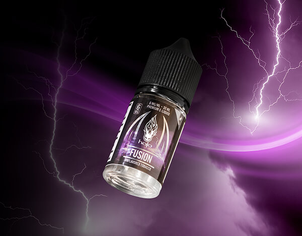 Fusion Vape Juice Bottle Surrounded by Purple Lightning