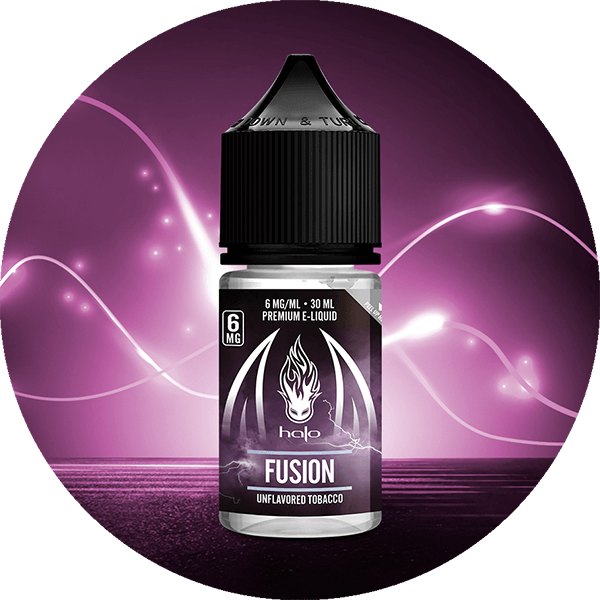 Halo Fusion Vape Juice 30ml Bottle in front of Purple Light Streams