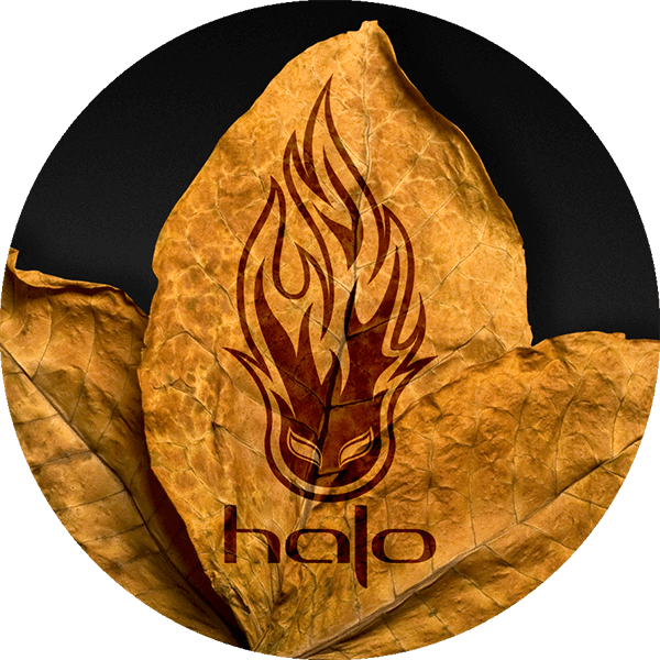 Award Winning Tobacco Vape Juice Halo Flame Logo Burned into Tobacco Leaf