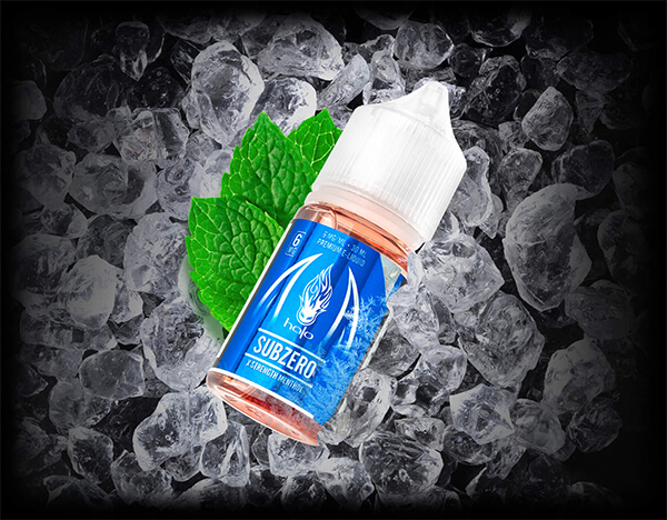 Subzero 30ml Vape Juice Bottle Laying on Ice with Mint Leaf