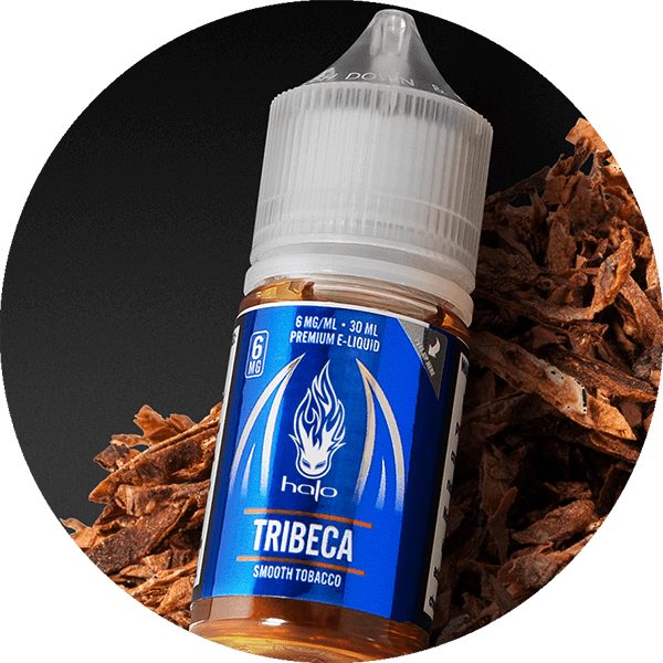 Halo Tribeca Vape Juice 30ml Bottle in a Pile of Tobacco