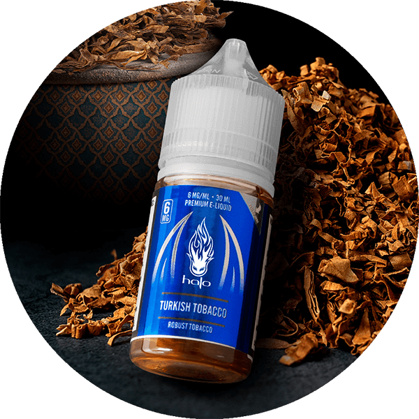 Halo Turkish Tobacco Vape Juice 30ml Bottle in Pile of Tobacco