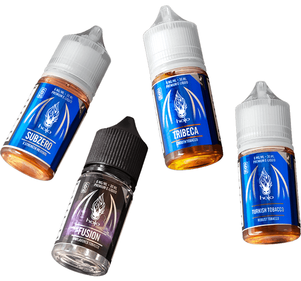 Multiple Halo Vape Juice Bottles in Free Fall