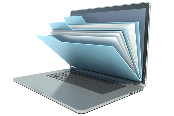 Laptop Open With File Folders Falling Open Like a Book