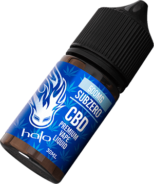 CBD versus Nicotine Strength Halo Subzero CBD Vape Juice Bottle in Freefall
