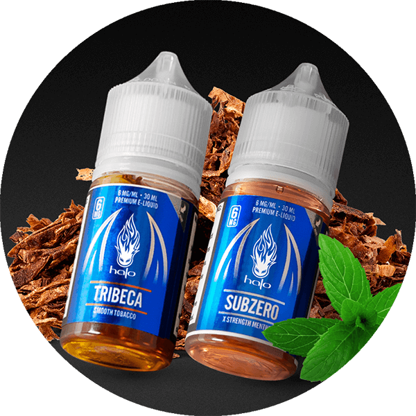 World Class Vape Juice Halo Tribeca and Subzero Vape Juice in Pile of Tobacco