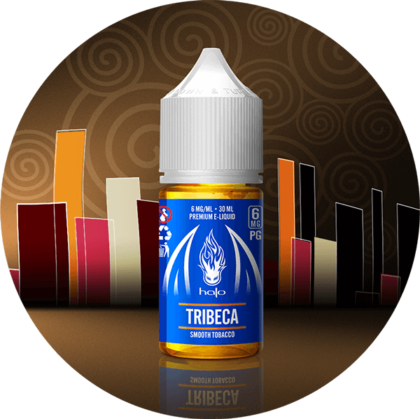 Halo Tribeca Vape Juice 30ml Bottle with Swirls and Illustrated City Scape Background