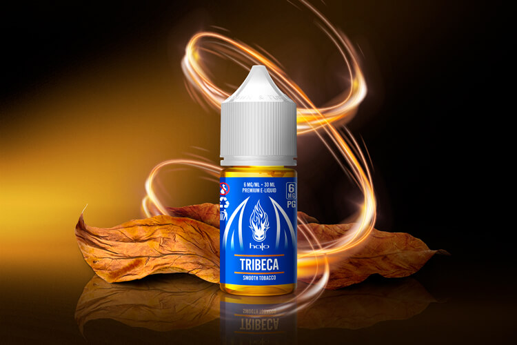 Tribeca Vape Juice Bottle with Tobacco Leaf And Orange Light Swirls