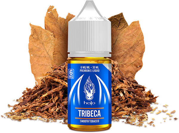 Tobacco Vape Juice Tribeca Vape Juice 30ml Bottle in Front of Small Tobacco Pile and Standing Tobacco Leaves